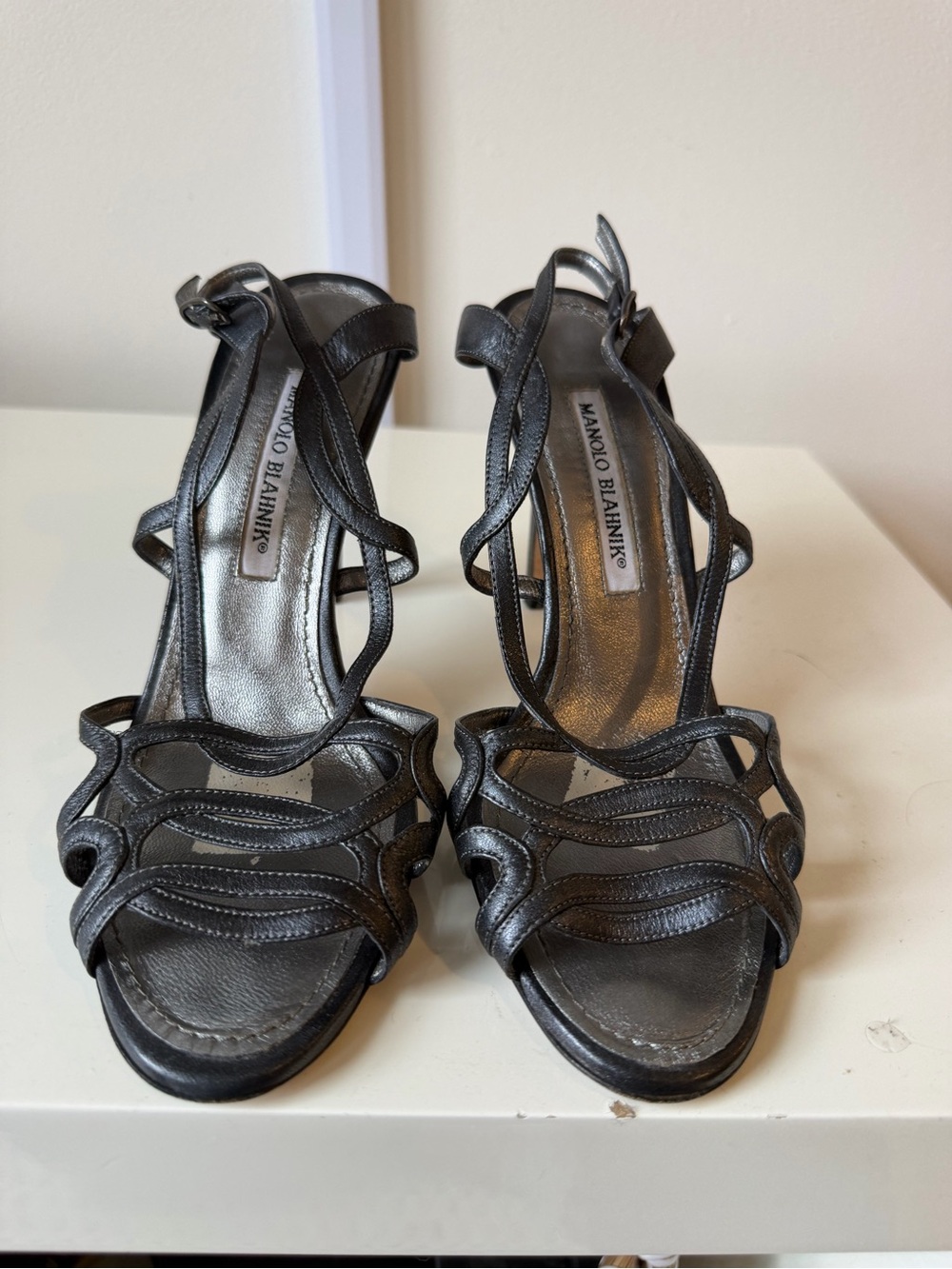 Manolo Blahnik Black Metallic Strappy Slingback Heels